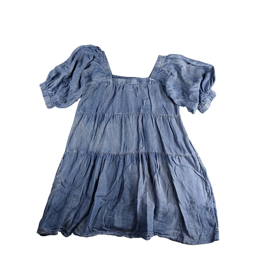 She + Sky Dress Women Small Blue Mini Blouse Puff Sleeve Tier Country Babydoll